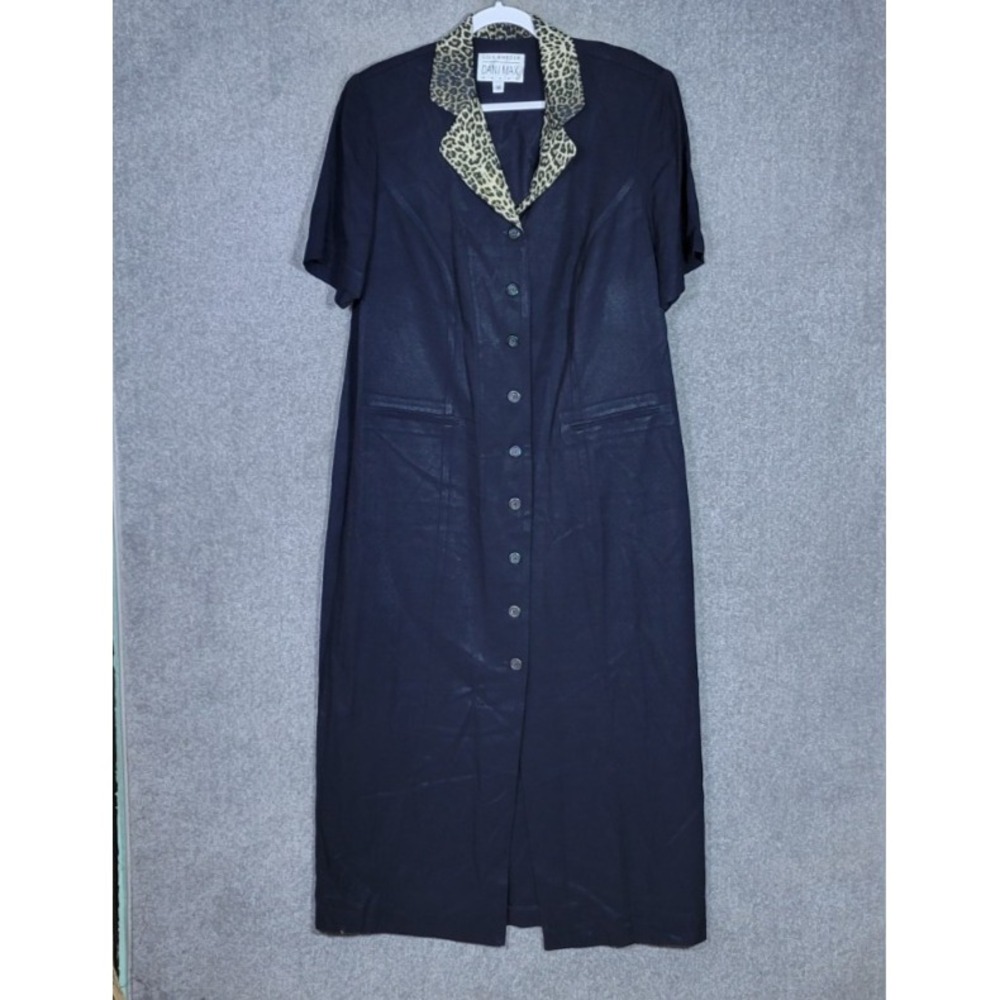 Lois Snyder Dani Max Button Up Maxi Dress Womens Sz 16 Black Animal Print Collar
